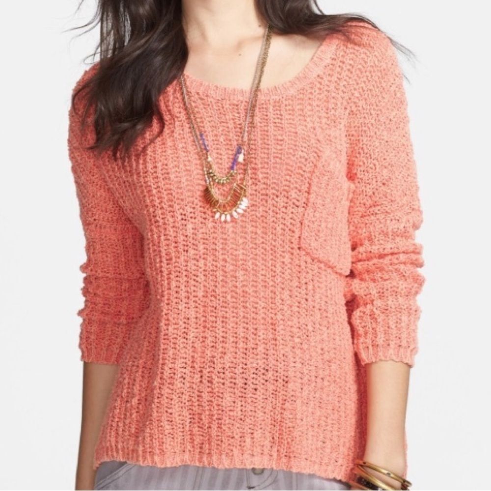 Free People Chunky Sweater Size Medium Greenwich Village Boho Tunic Coral Pink